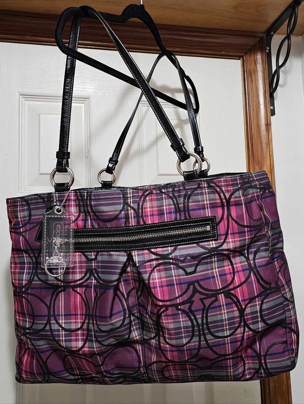 Coach Poppy Purple and Pink Plaid With Black Glitter Signature C Tote